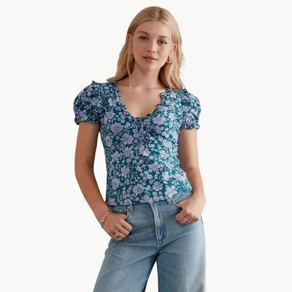 Maeve Tops - NWT Maeve Anthropologie Puff Sleeve Henley Tee Blouse Top | Sz Medium | Teal